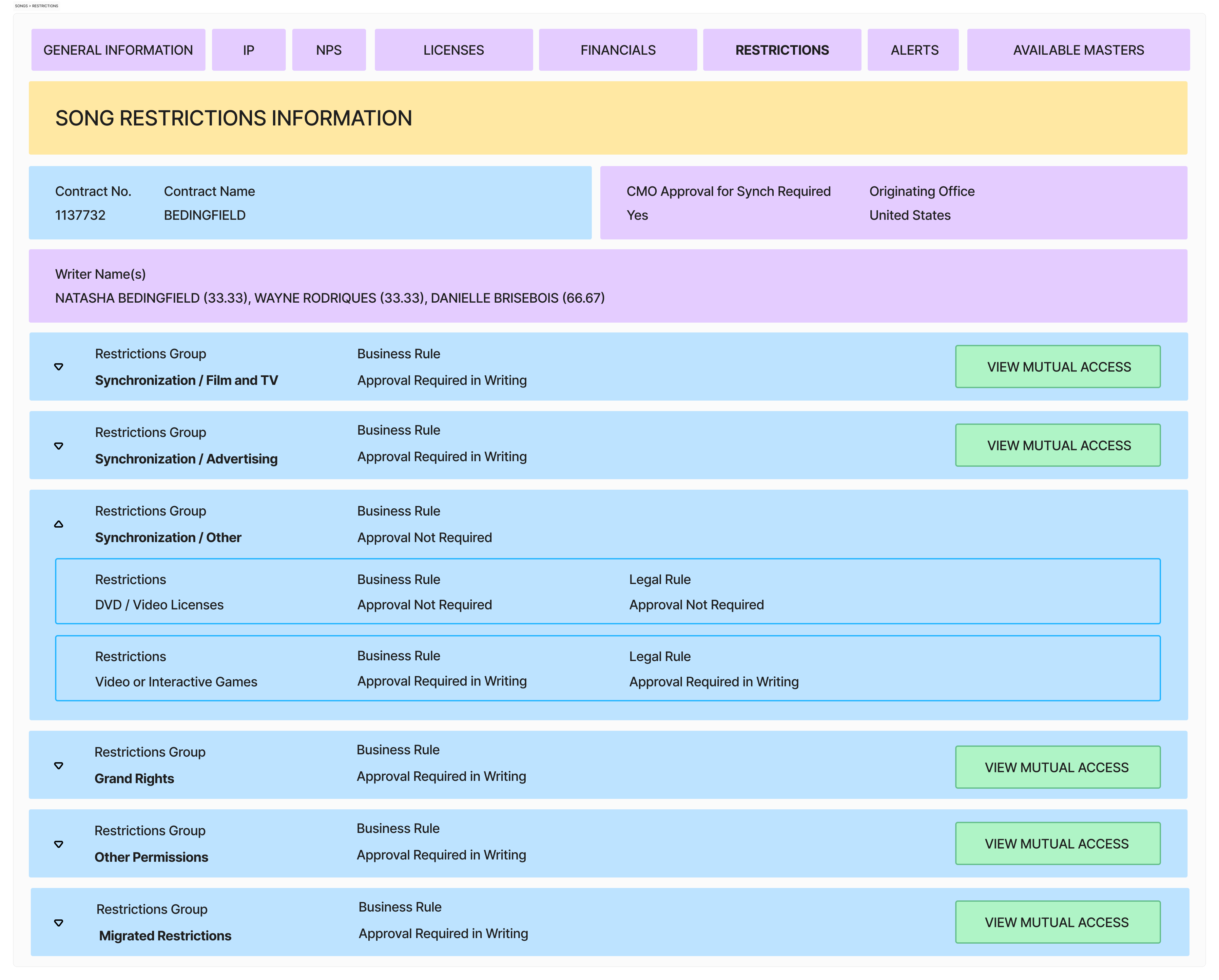 Song details — restrictions wireframe